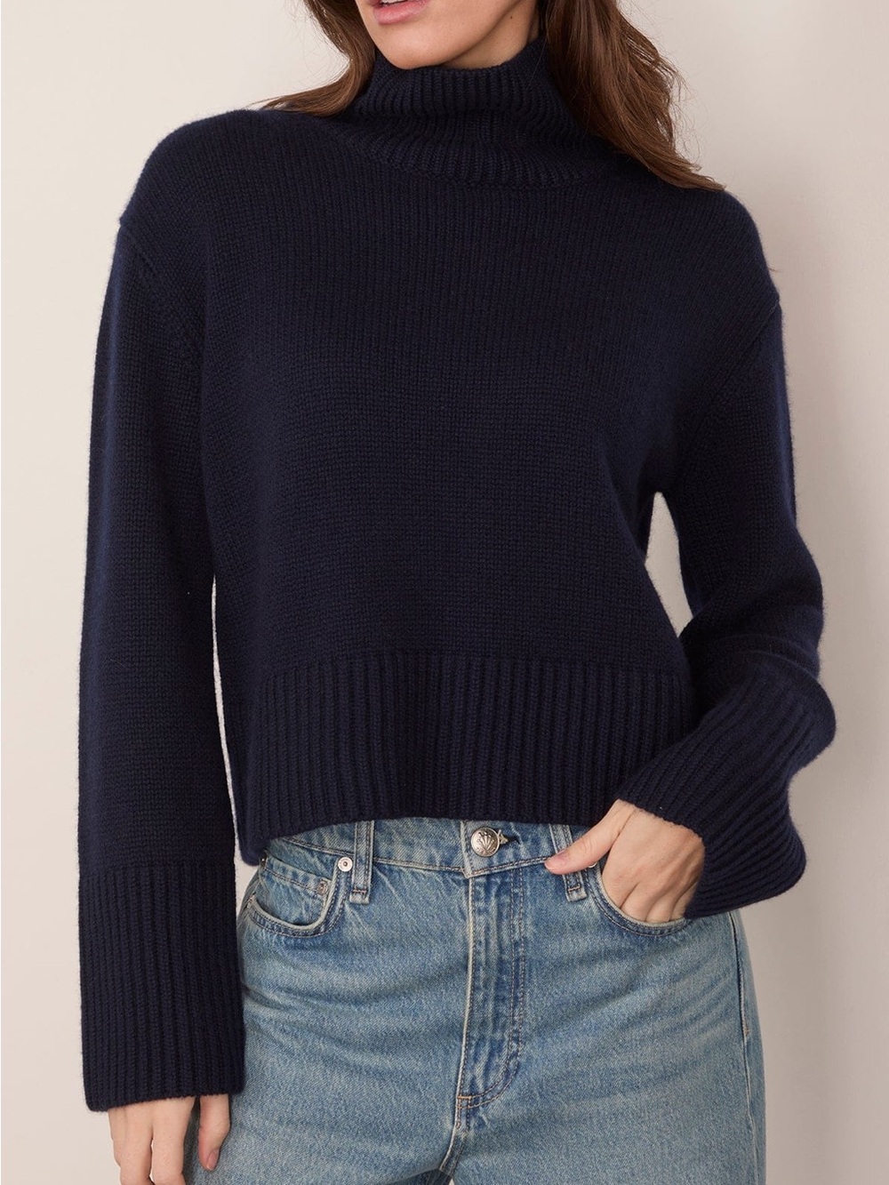 Lisa Yang Fleur Cashmere Navy Turtleneck Sweater Boxy Ribbed Trim Size Medium
